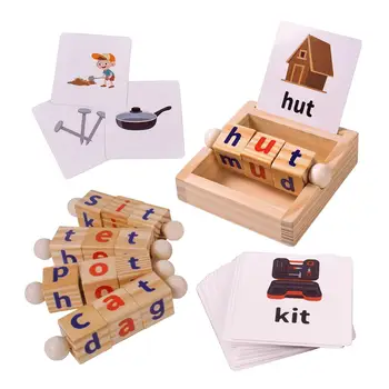 Деревянные кубики для чтения, игра со словами, флеш-карты, вращающиеся буквы, игрушка
