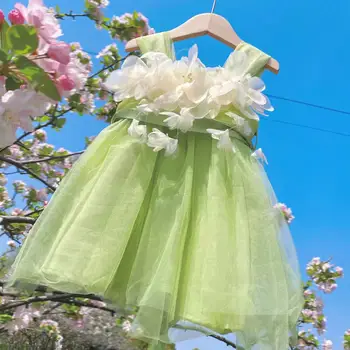 Детское тюлевое платье принцессы для сказочных девочек с зелеными оборками на рукавах, летняя одежда для дня рождения, повседневная одежда-пачка