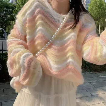 Женский свитер осень/зима в корейском стиле, модный вязаный свободный женский свитер с радужным круглым вырезом, прямая поставка, распродажа BD006