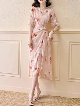 Женское летнее платье с цветочным V-образным вырезом 2023, новое шифоновое розовое платье на талии, плиссированная модная плиссированная длинная юбка y2k, тонкая женская юбка