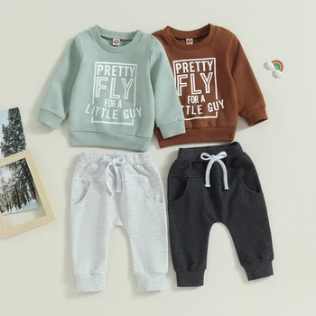 Комплекты штанов для новорожденных мальчиков Pudcoco из 2 предметов, топы с длинными рукавами и буквенным принтом и комплекты штанов на завязках от 0 до 3 лет