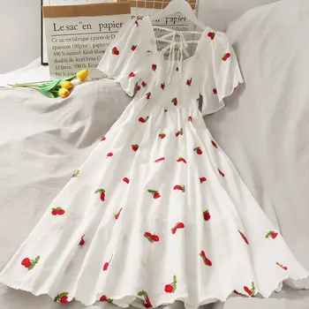 Летнее Супер Сказочное белое платье с клубничным принтом, женское красивое платье средней длины Bk 2021, новинка Ins Fashion