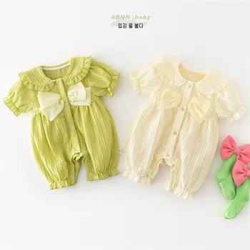 Новорожденный младенец Для маленьких девочек, однотонный весенне-летний комбинезон из тюля с короткими рукавами, одежда для малышей