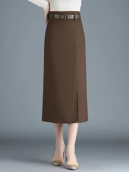 Юбки 2023 Весна-лето, женская черная трикотажная юбка с запахом с высокой талией, Размер S-3XL, юбка-карандаш средней длины, женская 8010